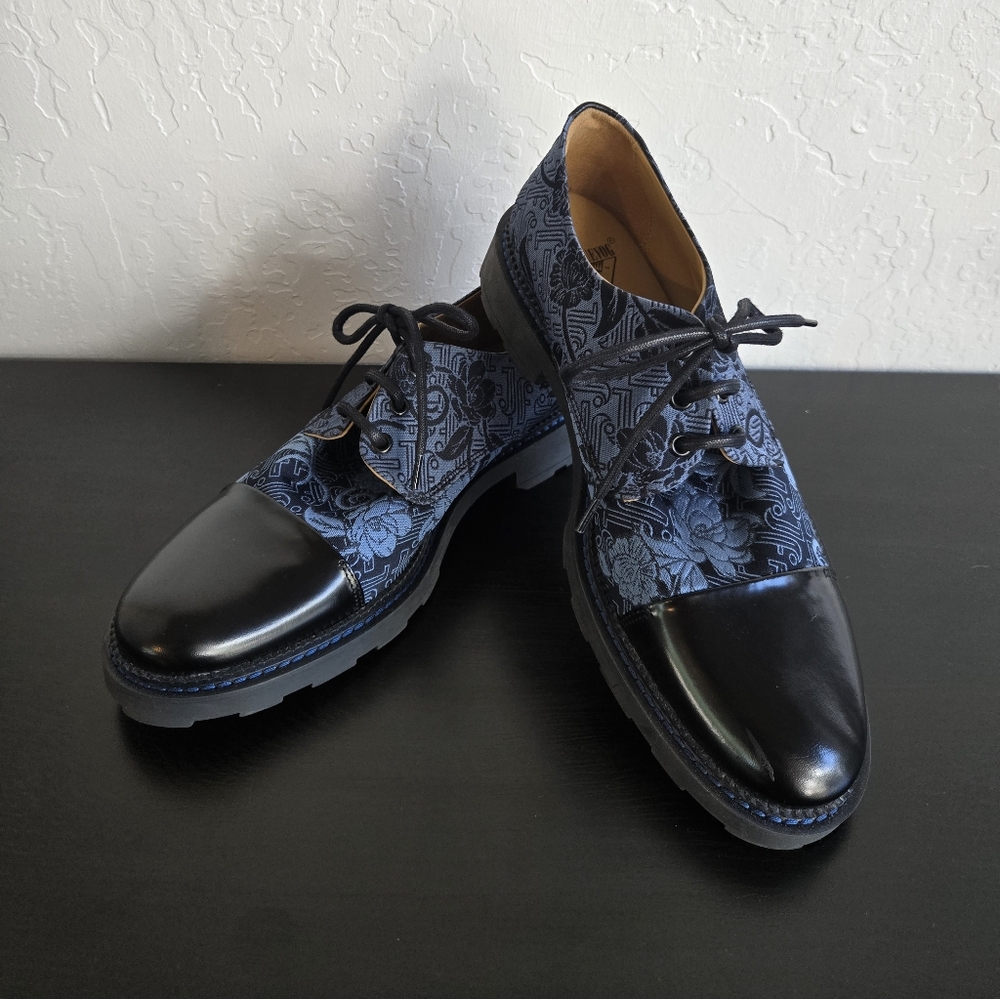 John Fluevog Black and Blue Patterned Oxfords